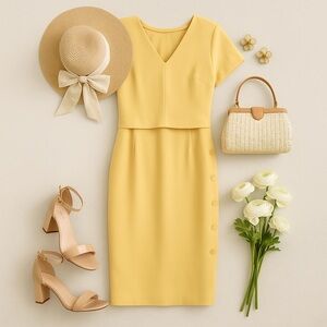 Vintage Jolibel‎ Canary Yellow Overlay Pencil Dress | Size 12 | Made in Canada